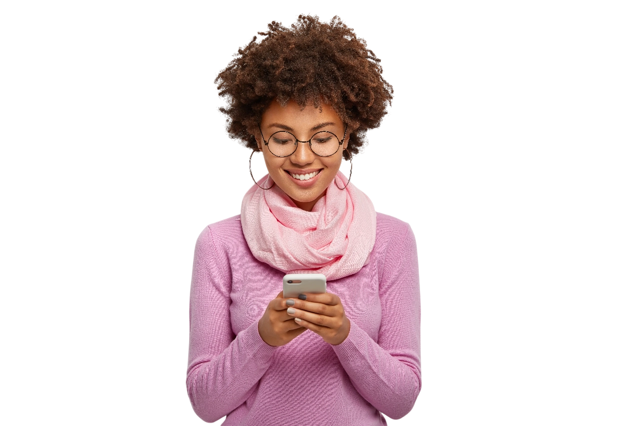 Woman smiling at her phone — just paid for Wi-Fi